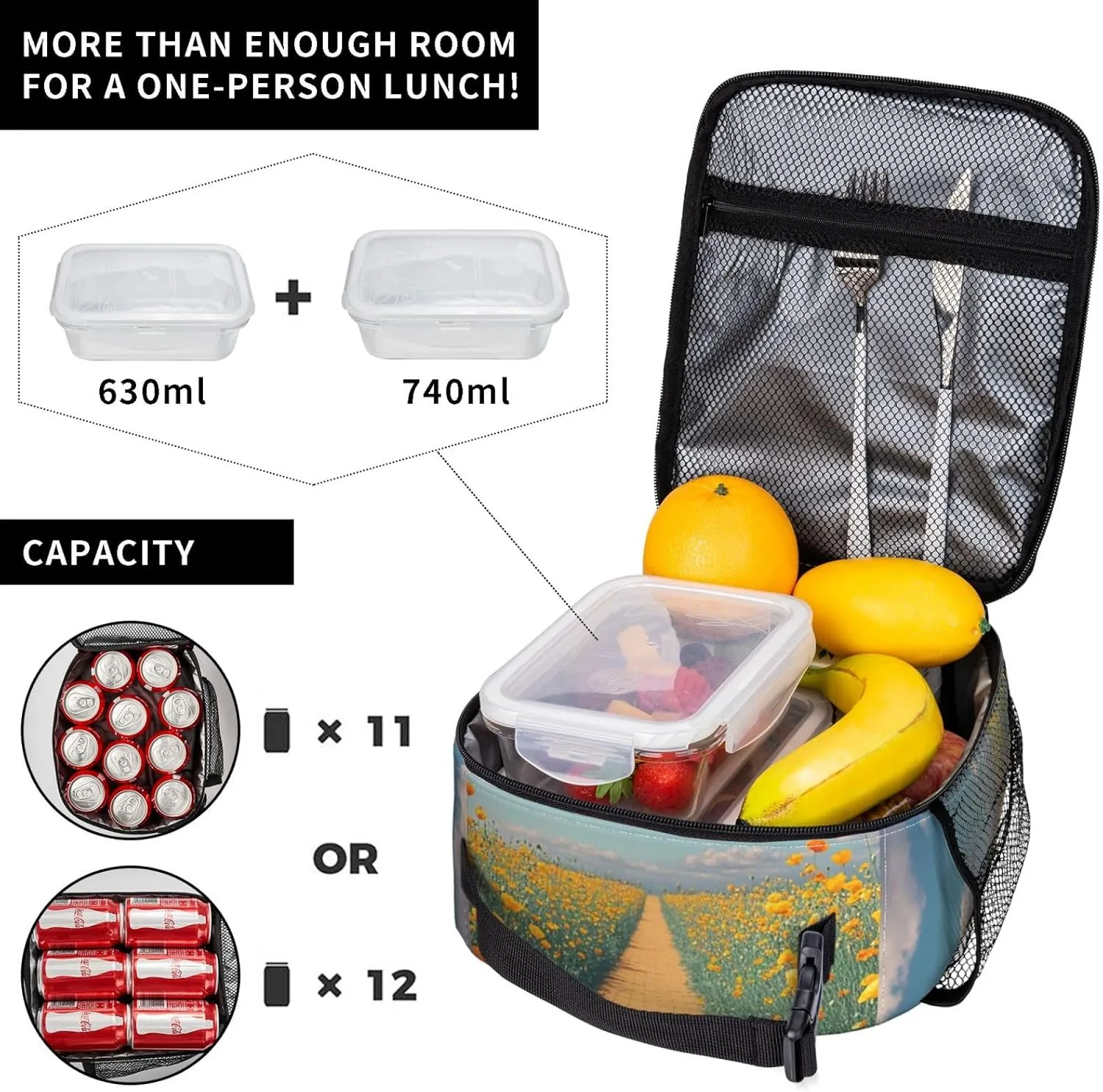 Insulated Lunch Bag for Women Men Portable Reusable Lunch Box Poppies Field Yellow Brick Road Lunch Tote Bag for Work Picnic Travel
