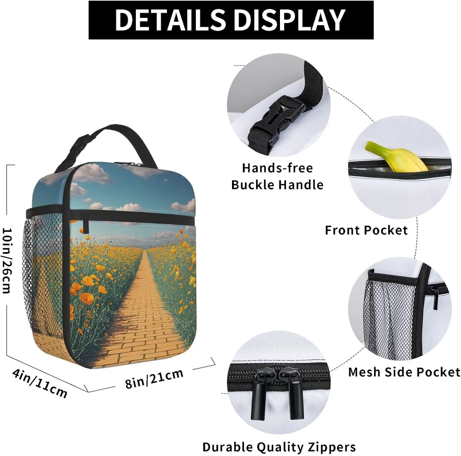 Insulated Lunch Bag for Women Men Portable Reusable Lunch Box Poppies Field Yellow Brick Road Lunch Tote Bag for Work Picnic Travel