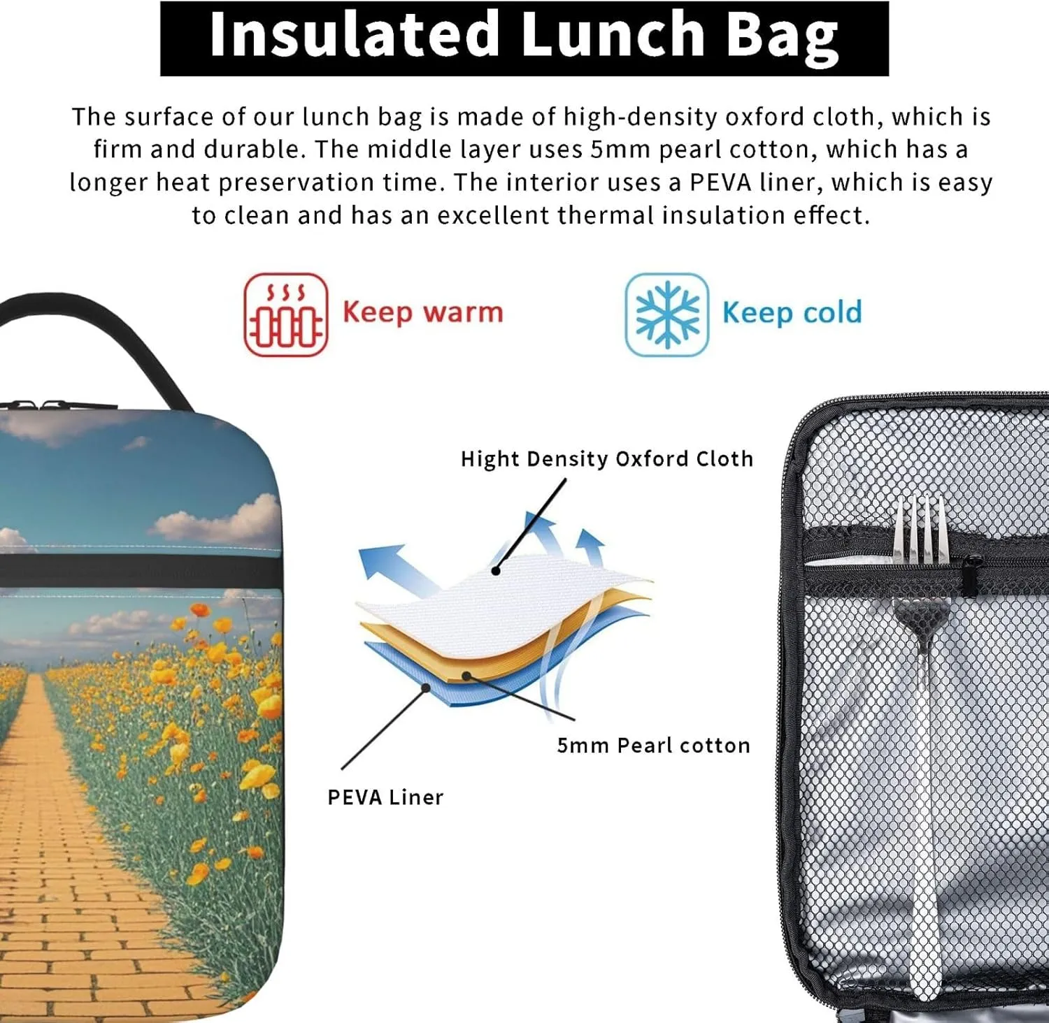 Insulated Lunch Bag for Women Men Portable Reusable Lunch Box Poppies Field Yellow Brick Road Lunch Tote Bag for Work Picnic Travel