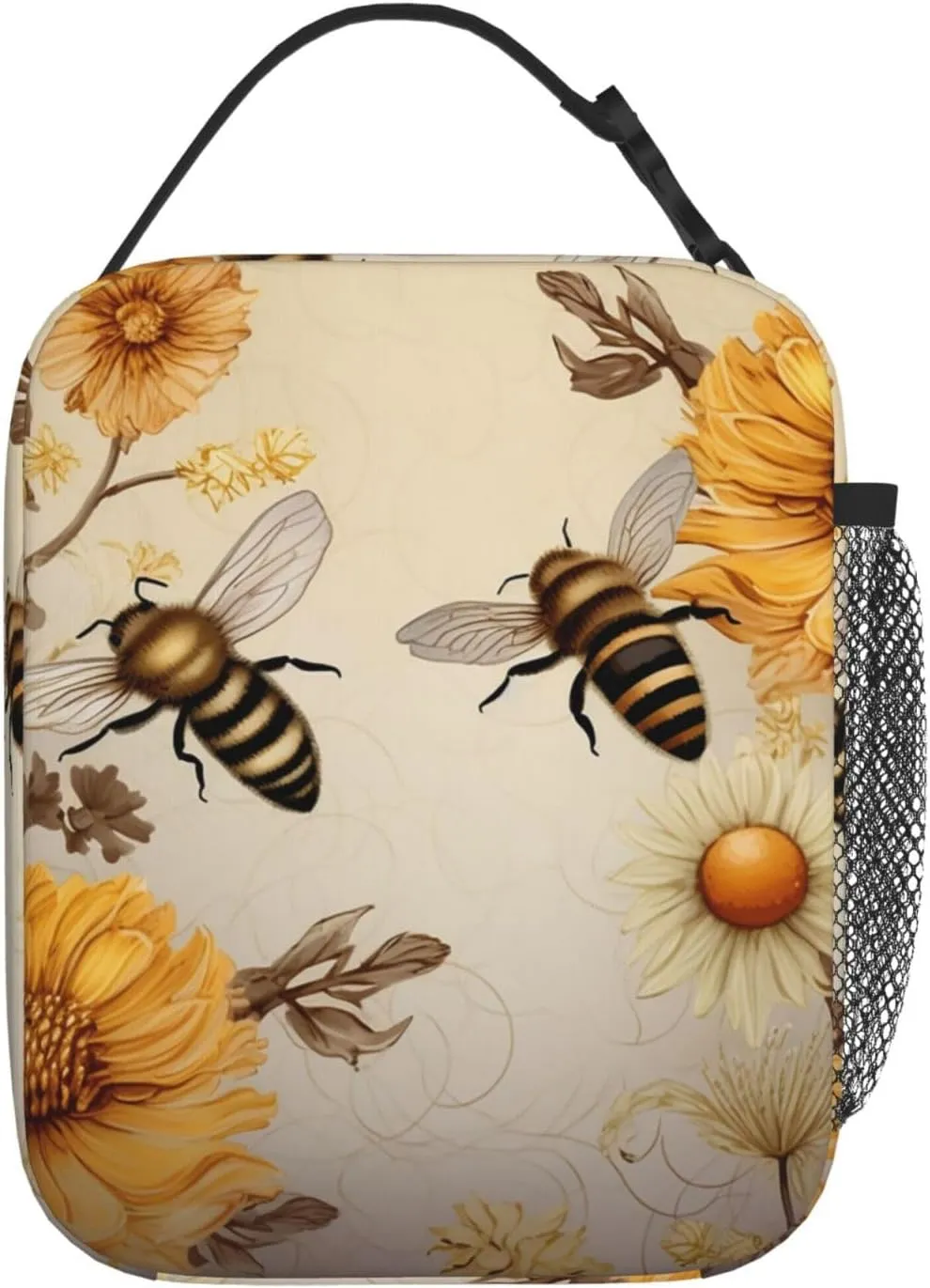 Insulated Lunch Bag for Women Men Portable Reusable Lunch Box Rural Honey Bees Wildflowers Lunch Tote Bag for Work Picnic Travel