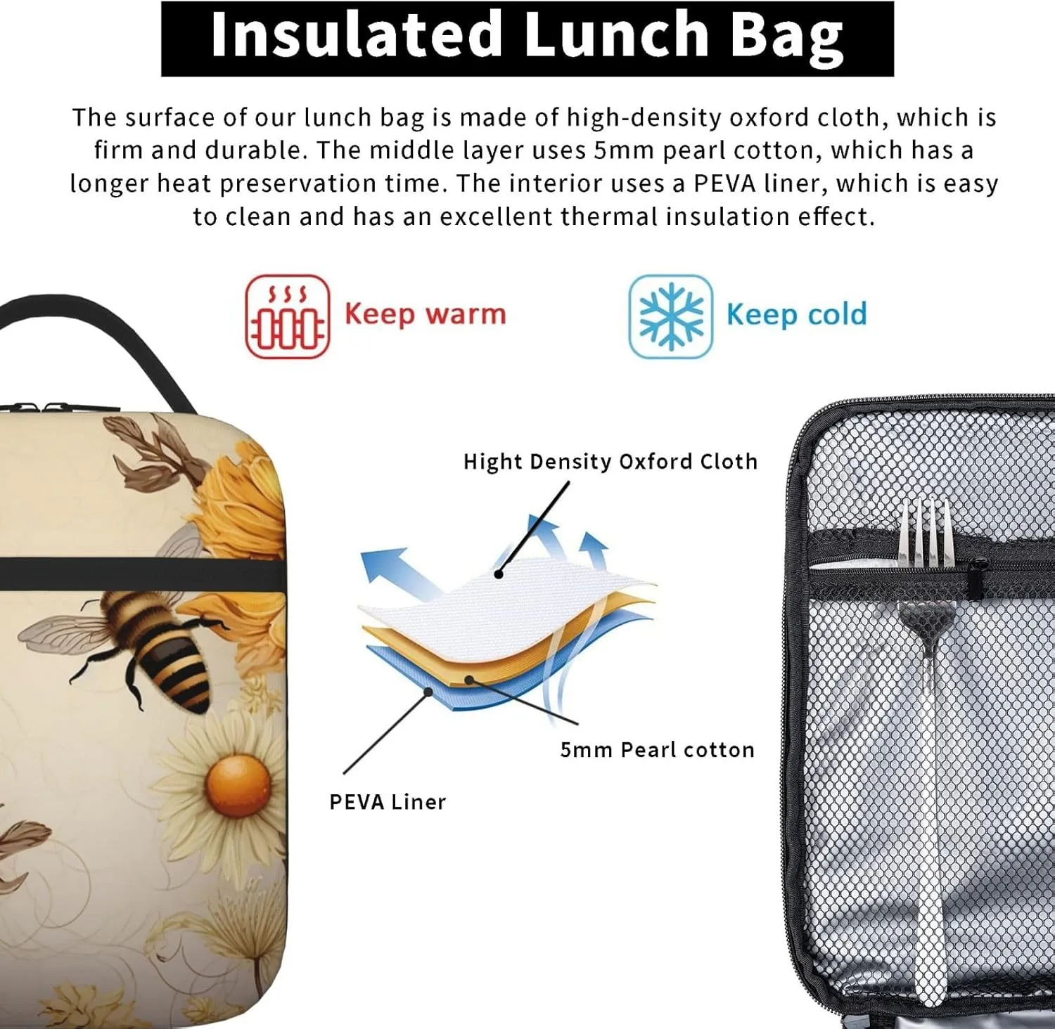 Insulated Lunch Bag for Women Men Portable Reusable Lunch Box Rural Honey Bees Wildflowers Lunch Tote Bag for Work Picnic Travel