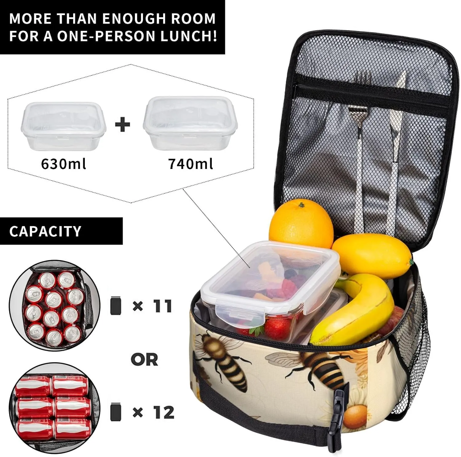 Insulated Lunch Bag for Women Men Portable Reusable Lunch Box Rural Honey Bees Wildflowers Lunch Tote Bag for Work Picnic Travel