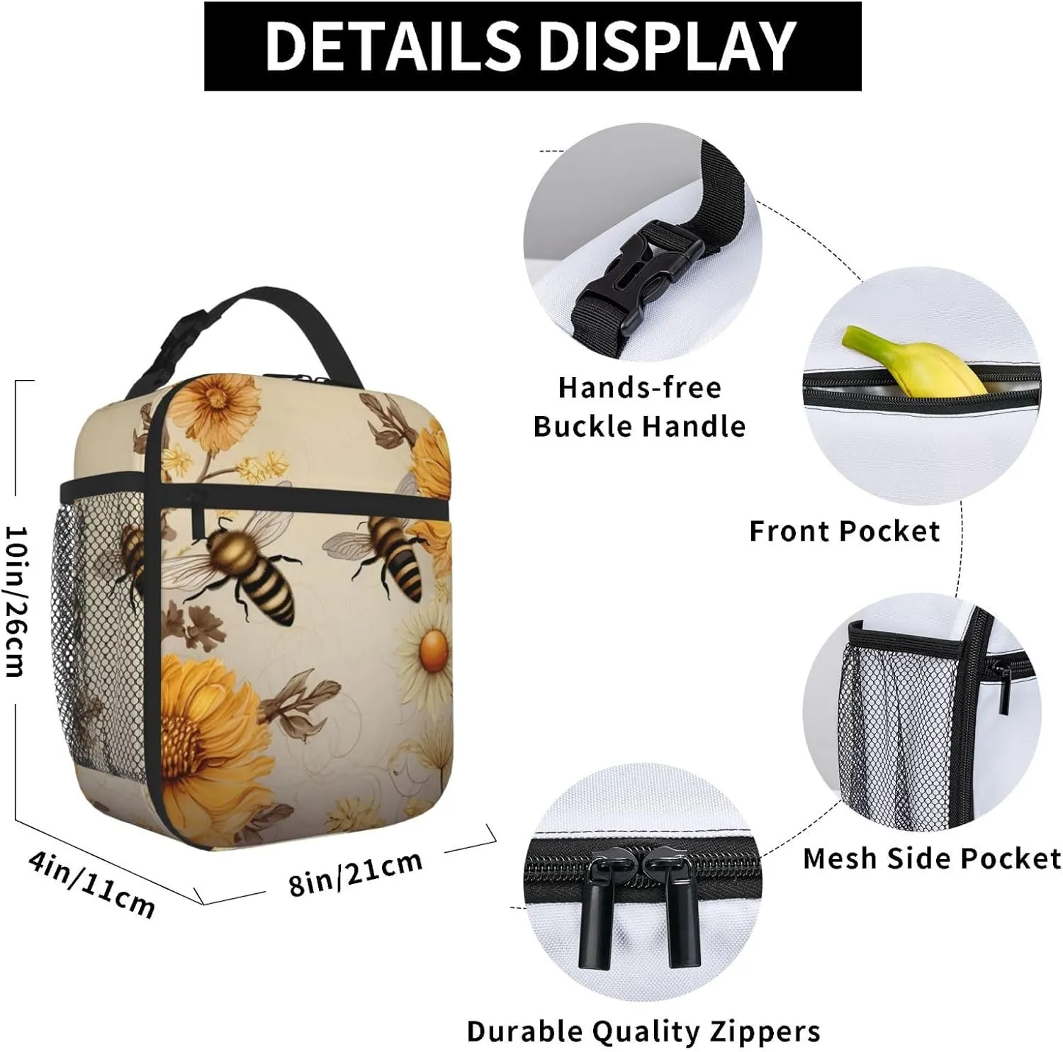 Insulated Lunch Bag for Women Men Portable Reusable Lunch Box Rural Honey Bees Wildflowers Lunch Tote Bag for Work Picnic Travel