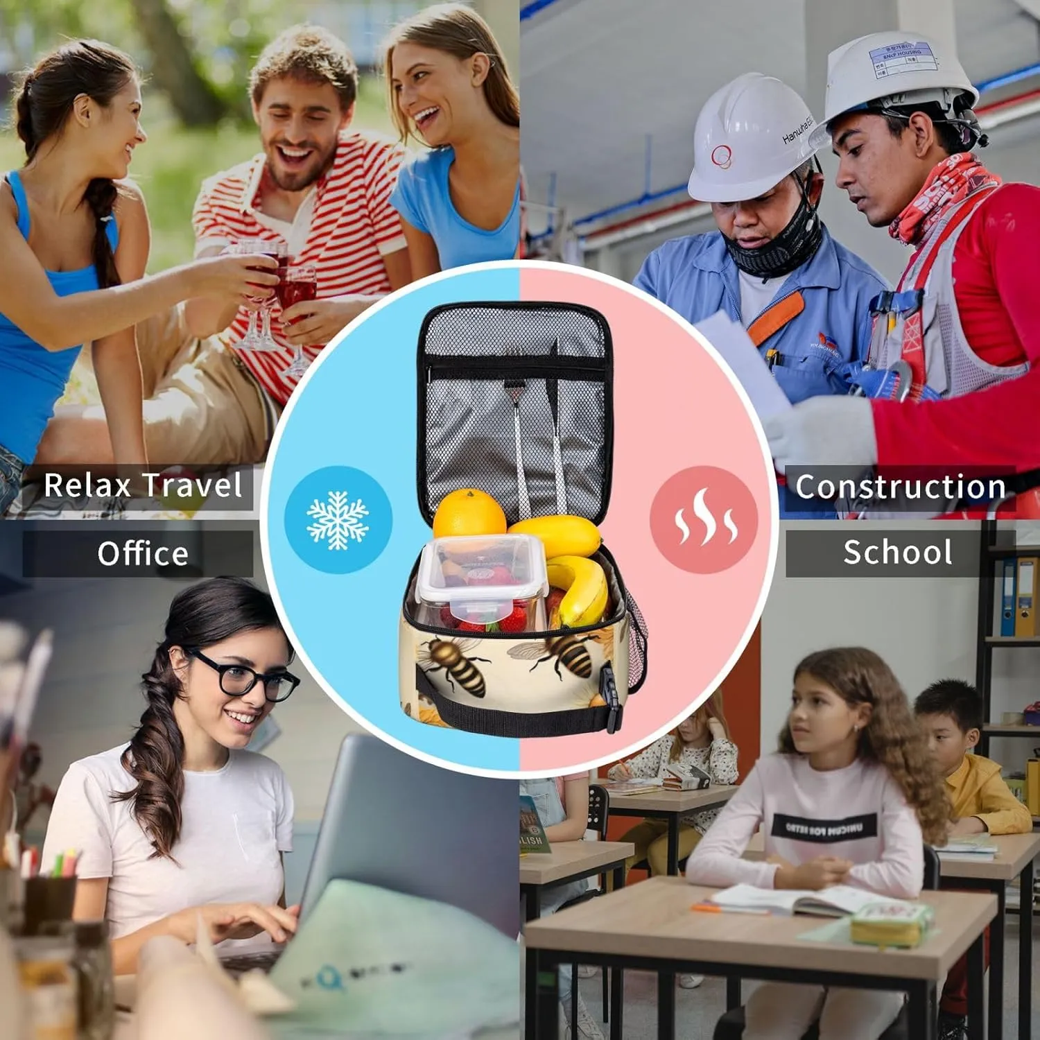 Insulated Lunch Bag for Women Men Portable Reusable Lunch Box Rural Honey Bees Wildflowers Lunch Tote Bag for Work Picnic Travel
