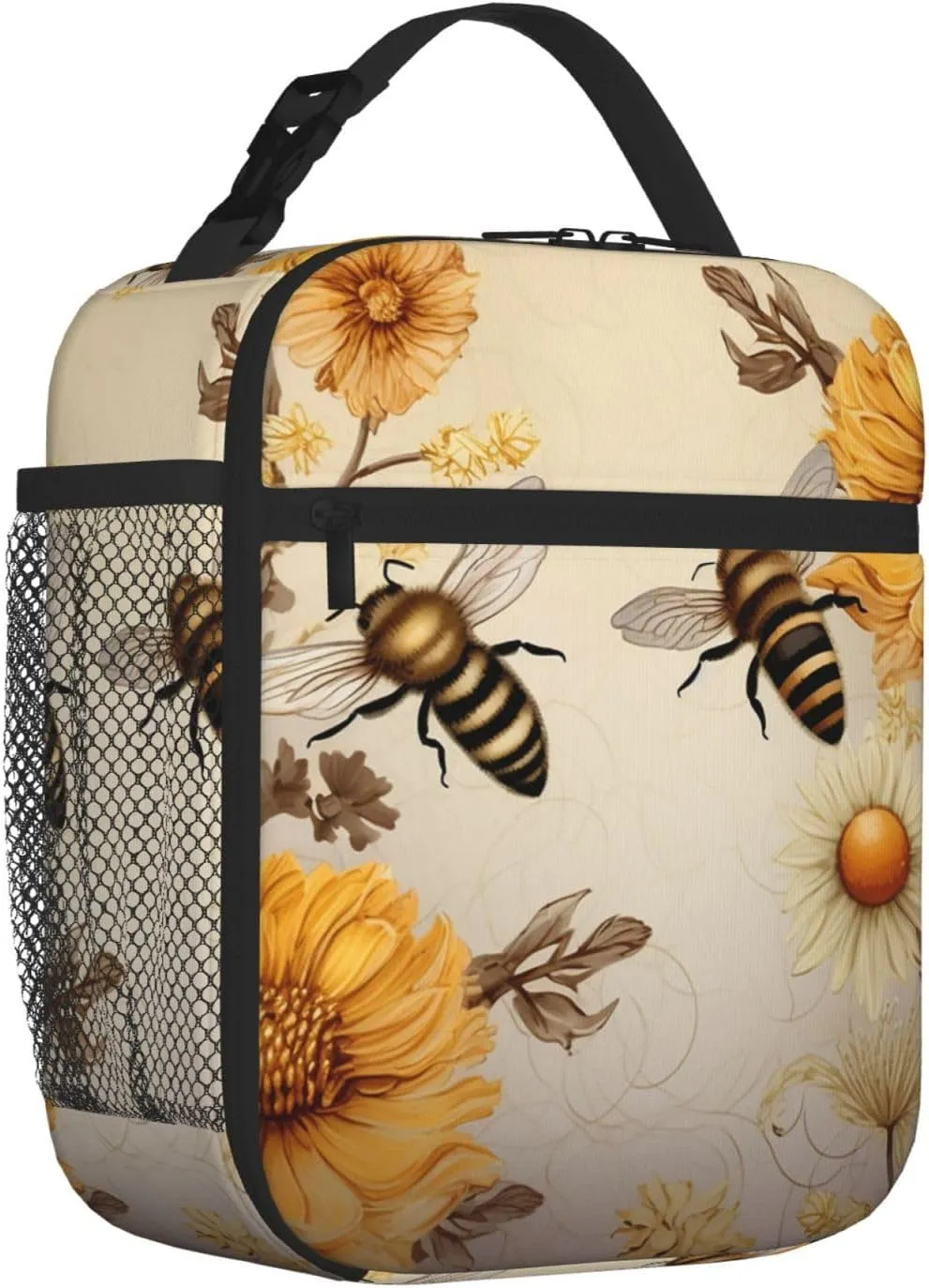Insulated Lunch Bag for Women Men Portable Reusable Lunch Box Rural Honey Bees Wildflowers Lunch Tote Bag for Work Picnic Travel