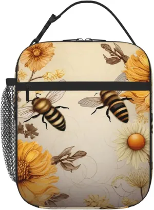 Insulated Lunch Bag for Women Men Portable Reusable Lunch Box Rural Honey Bees Wildflowers Lunch Tote Bag for Work Picnic Travel