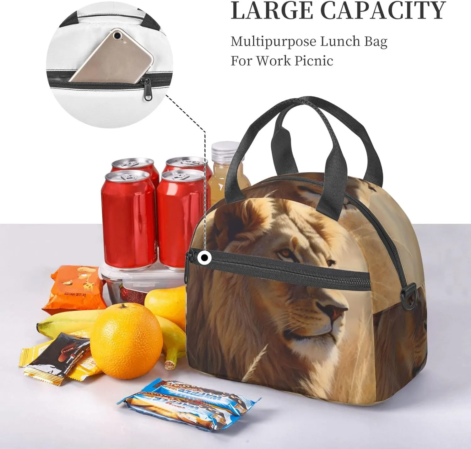 Insulated Lunch Bag for Women Men Prairie lion Lunch Box Leakproof Reusable Lunchbox Adult Lunch Tote Bag with Adjustable Shoulder Strap Lunch Cooler Bag for Work Travel Picnic