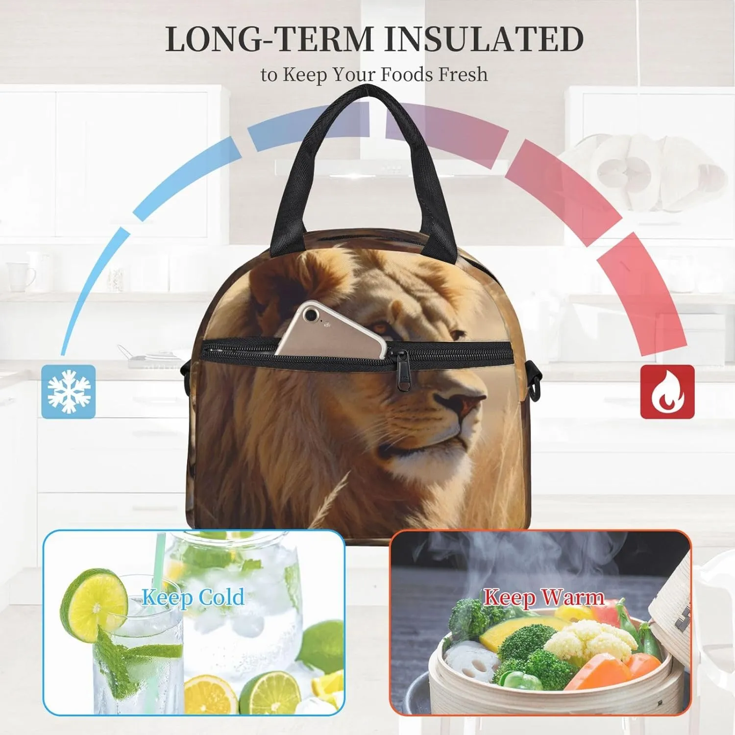 Insulated Lunch Bag for Women Men Prairie lion Lunch Box Leakproof Reusable Lunchbox Adult Lunch Tote Bag with Adjustable Shoulder Strap Lunch Cooler Bag for Work Travel Picnic