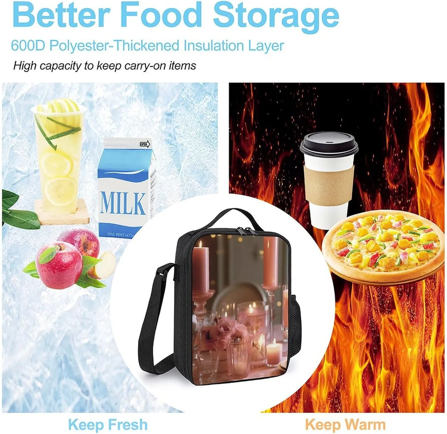 Insulated Lunch Bag Lunch Box for Women Men Candles And Flowers Lunch Tote Bags for Work Office