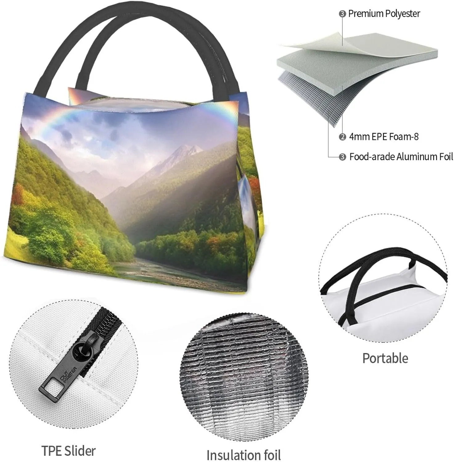 Insulated Lunch Bag Lunch box for Women Men Reusable Cooler Bag Mountain Valley with Rainbow Lunch Bag Portable Lunch Tote Bag Leakproof Lunchbox for Work Travel Picnic Office