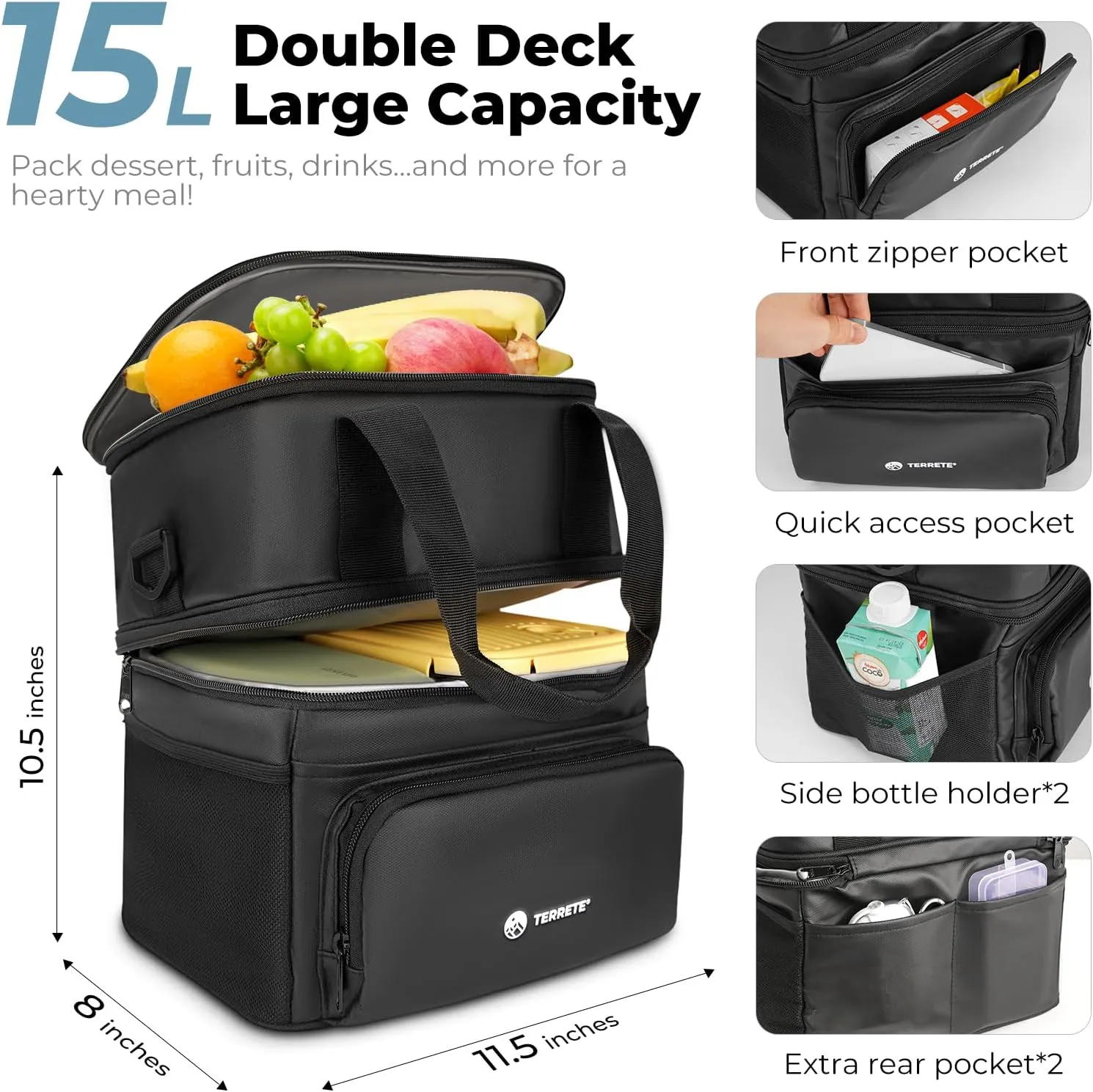 Insulated Lunch Box - Double Deck, Leakproof Cooler Bag for Men & Women, Large Lunch Bag for Work/Travel (15L Black)