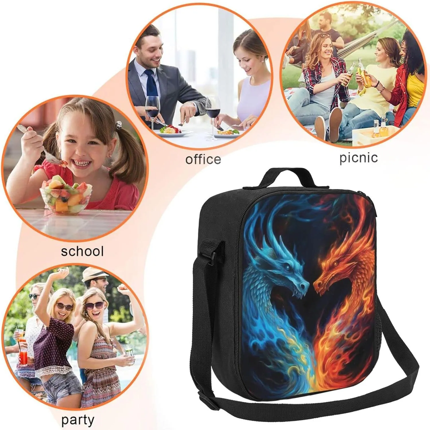 Insulated Lunch Box Dragon Lunch Bag for Women & Men Small Leakproof Cooler Food Lunch Containers Reusable Large Capacity Lunch Tote Bags with Shoulder Strap for Work Travel Picnic
