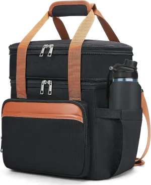 Insulated Lunch Box Lunch Cooler Bag for Men: Expandable Large Lunchbox for Picnic Work Office Outdoor - Reusable Double Deck Lunch Tote for Adults Black Brown 15L