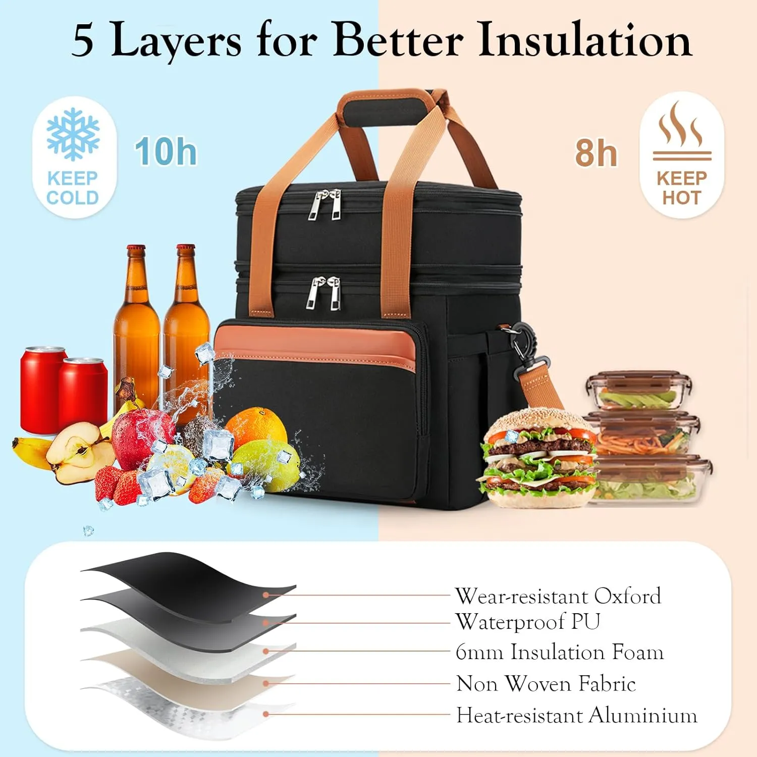 Insulated Lunch Box Lunch Cooler Bag for Men: Expandable Large Lunchbox for Picnic Work Office Outdoor - Reusable Double Deck Lunch Tote for Adults Black Brown 15L