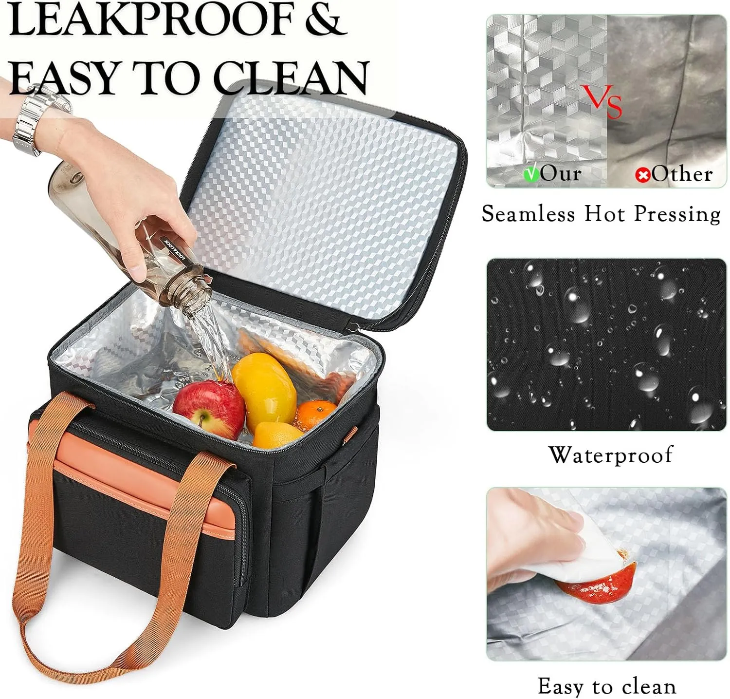 Insulated Lunch Box Lunch Cooler Bag for Men: Expandable Large Lunchbox for Picnic Work Office Outdoor - Reusable Double Deck Lunch Tote for Adults Black Brown 15L