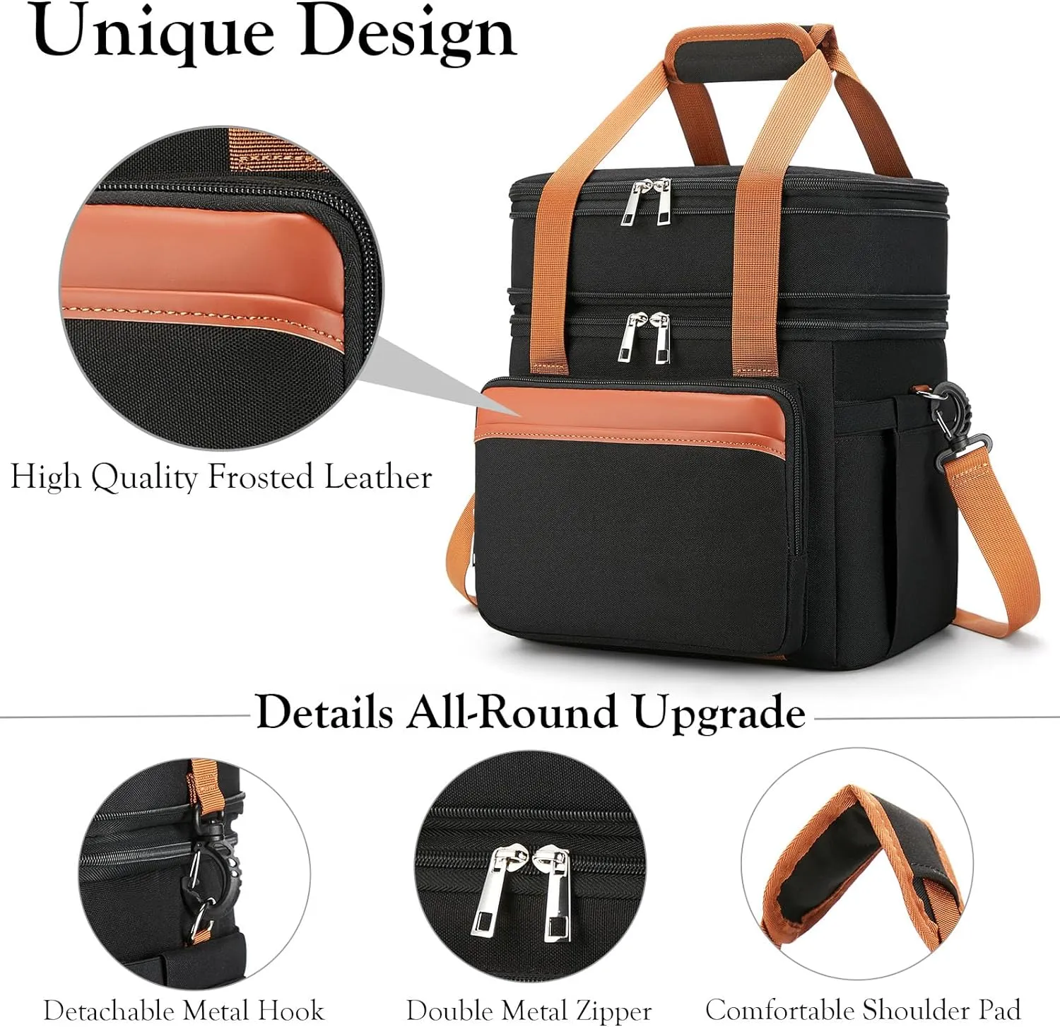 Insulated Lunch Box Lunch Cooler Bag for Men: Expandable Large Lunchbox for Picnic Work Office Outdoor - Reusable Double Deck Lunch Tote for Adults Black Brown 15L