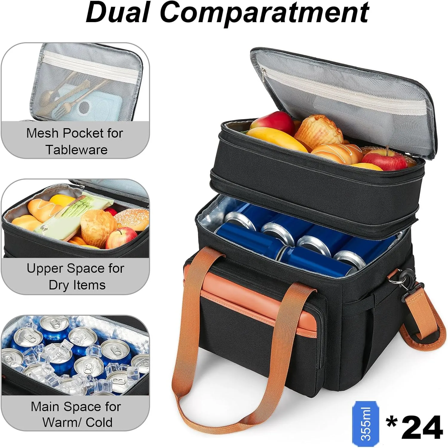 Insulated Lunch Box Lunch Cooler Bag for Men: Expandable Large Lunchbox for Picnic Work Office Outdoor - Reusable Double Deck Lunch Tote for Adults Black Brown 15L