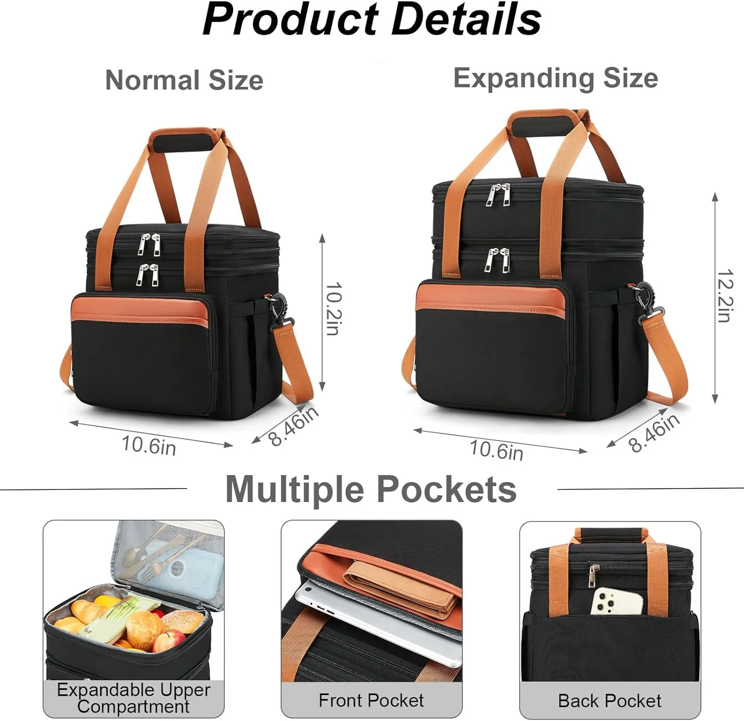 Insulated Lunch Box Lunch Cooler Bag for Men: Expandable Large Lunchbox for Picnic Work Office Outdoor - Reusable Double Deck Lunch Tote for Adults Black Brown 15L