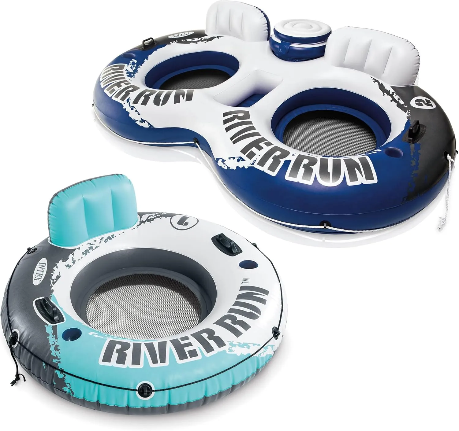 Intex River Run 53 Inch Inflatable Floating Water Tube Lake Pool Ocean Raft & River Run II Inflatable 2 Person Pool Tube Float w/ Cooler & Repair Kit