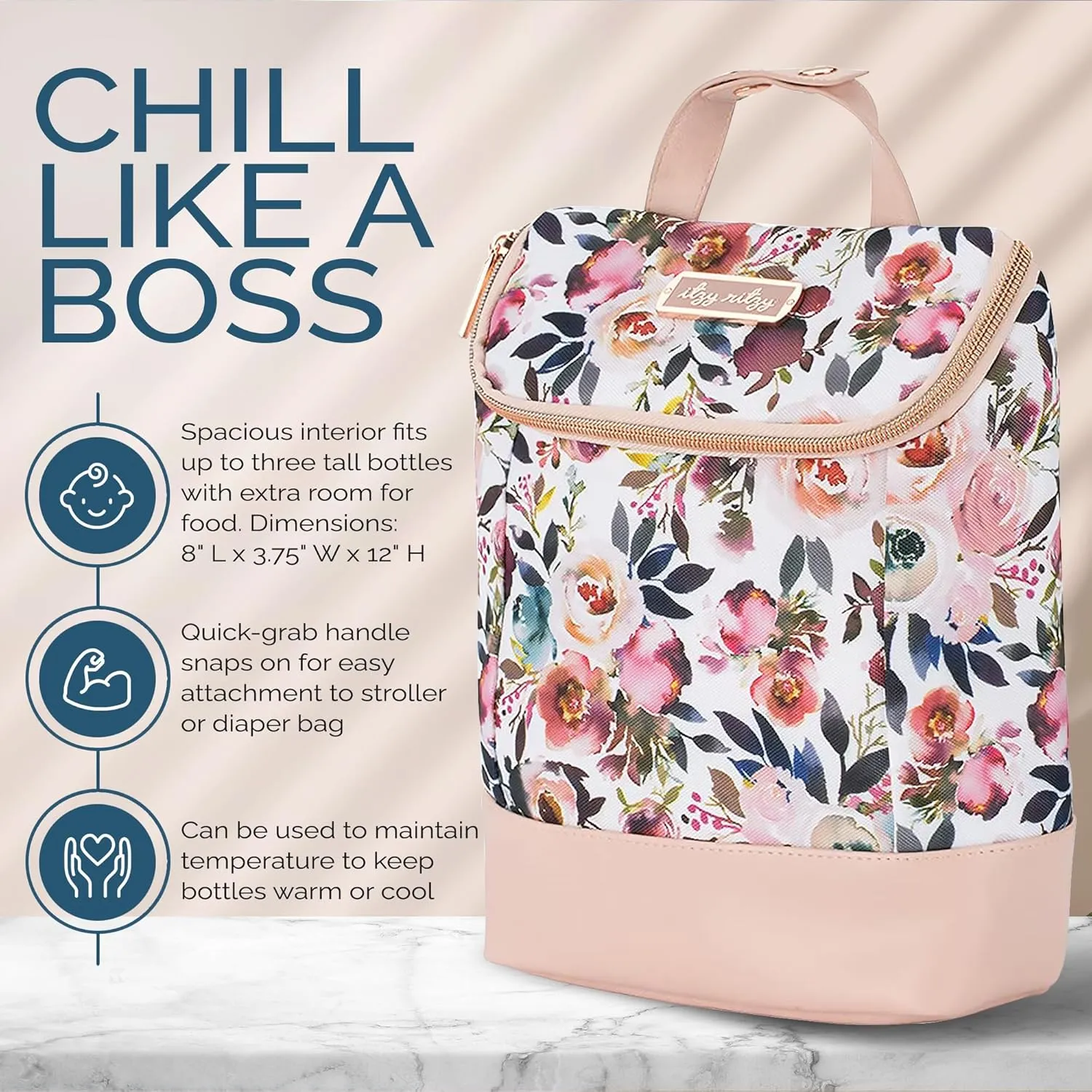 Itzy Ritzy Insulated Bottle Bag – Keeps Bottles Warm or Cool - Holds 3 Bottles & Features Interior Pocket for Ice Pack (Not Included), Blush Floral