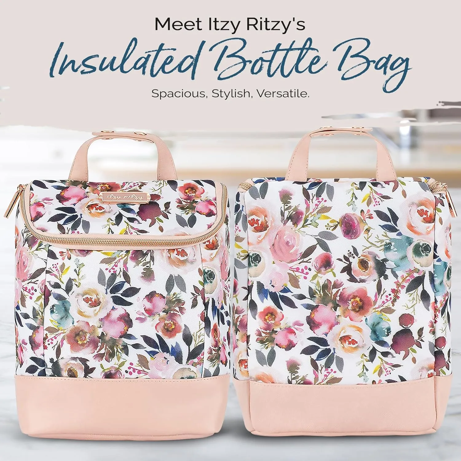Itzy Ritzy Insulated Bottle Bag – Keeps Bottles Warm or Cool - Holds 3 Bottles & Features Interior Pocket for Ice Pack (Not Included), Blush Floral