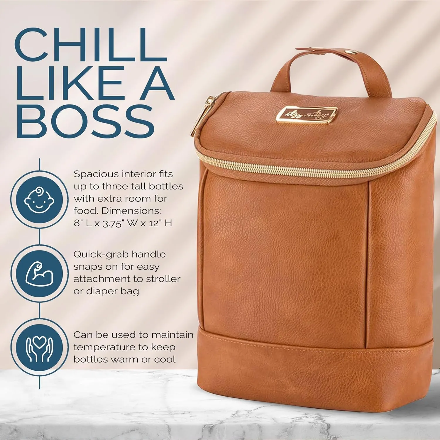 Itzy Ritzy Insulated Bottle Bag – Keeps Bottles Warm or Cool - Holds 3 Bottles & Features Interior Pocket for Ice Pack (Not Included), Cognac