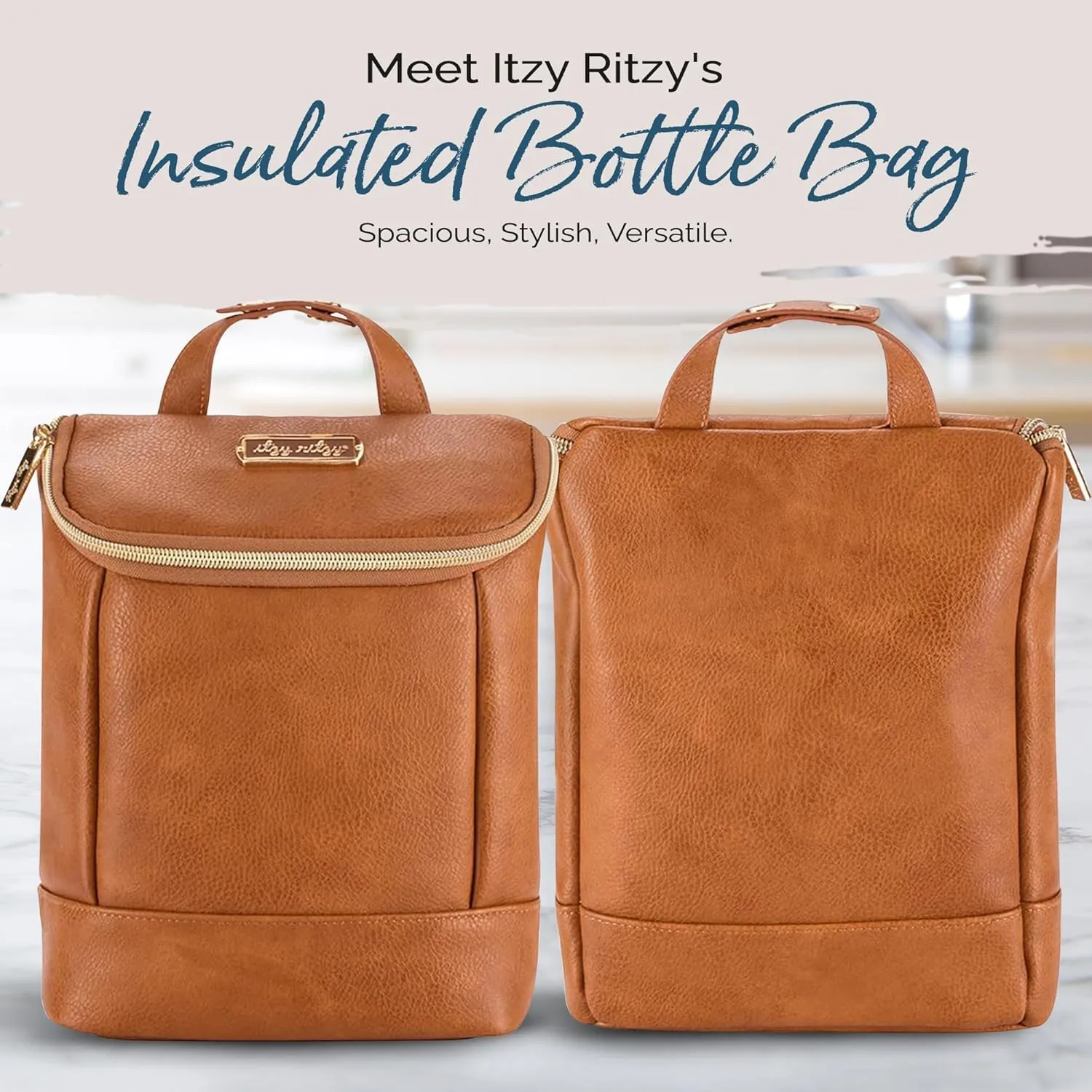 Itzy Ritzy Insulated Bottle Bag – Keeps Bottles Warm or Cool - Holds 3 Bottles & Features Interior Pocket for Ice Pack (Not Included), Cognac