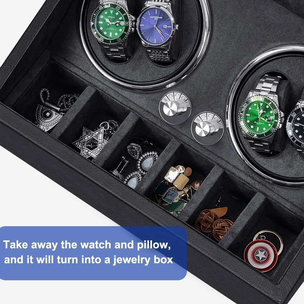 J&T Technology Automatic Watch Winder Box for 4 Watches Rotator   6 Watches Storage| Super Quiet Mabuchi Motor | 4 Rotation Modes, LED Display | PU Leather Case