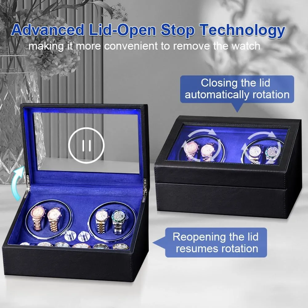 J&T Technology Automatic Watch Winder Box for 4 Watches Rotator   6 Watches Storage| Super Quiet Mabuchi Motor | 4 Rotation Modes, LED Display | PU Leather Case