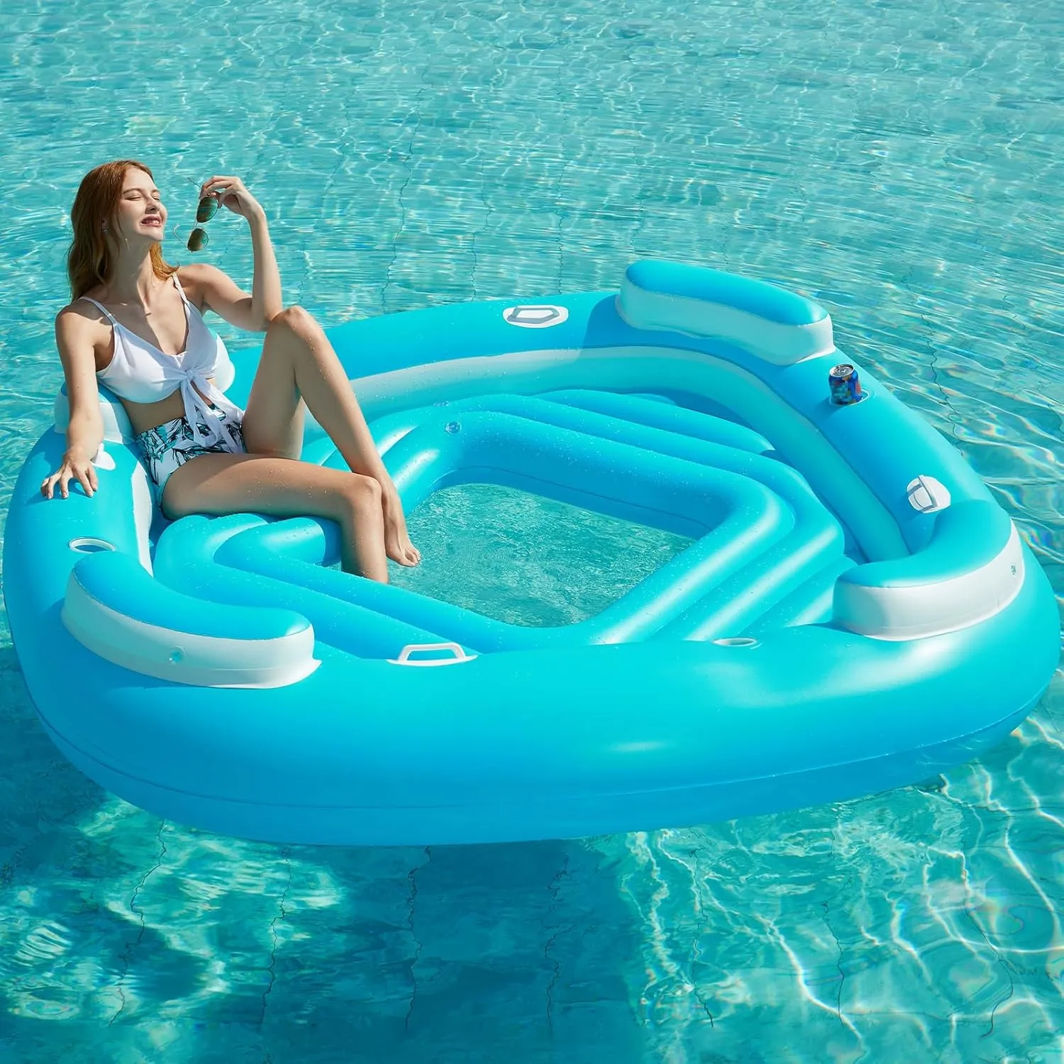 Jasonwell Floating Island Pool Float - Inflatable 4-Person Swimming Pool Lounger Raft River Lake Floaties Relaxation Water Floats with Cupholders Big Multi Person Tropical Party Toys for Adults Kids