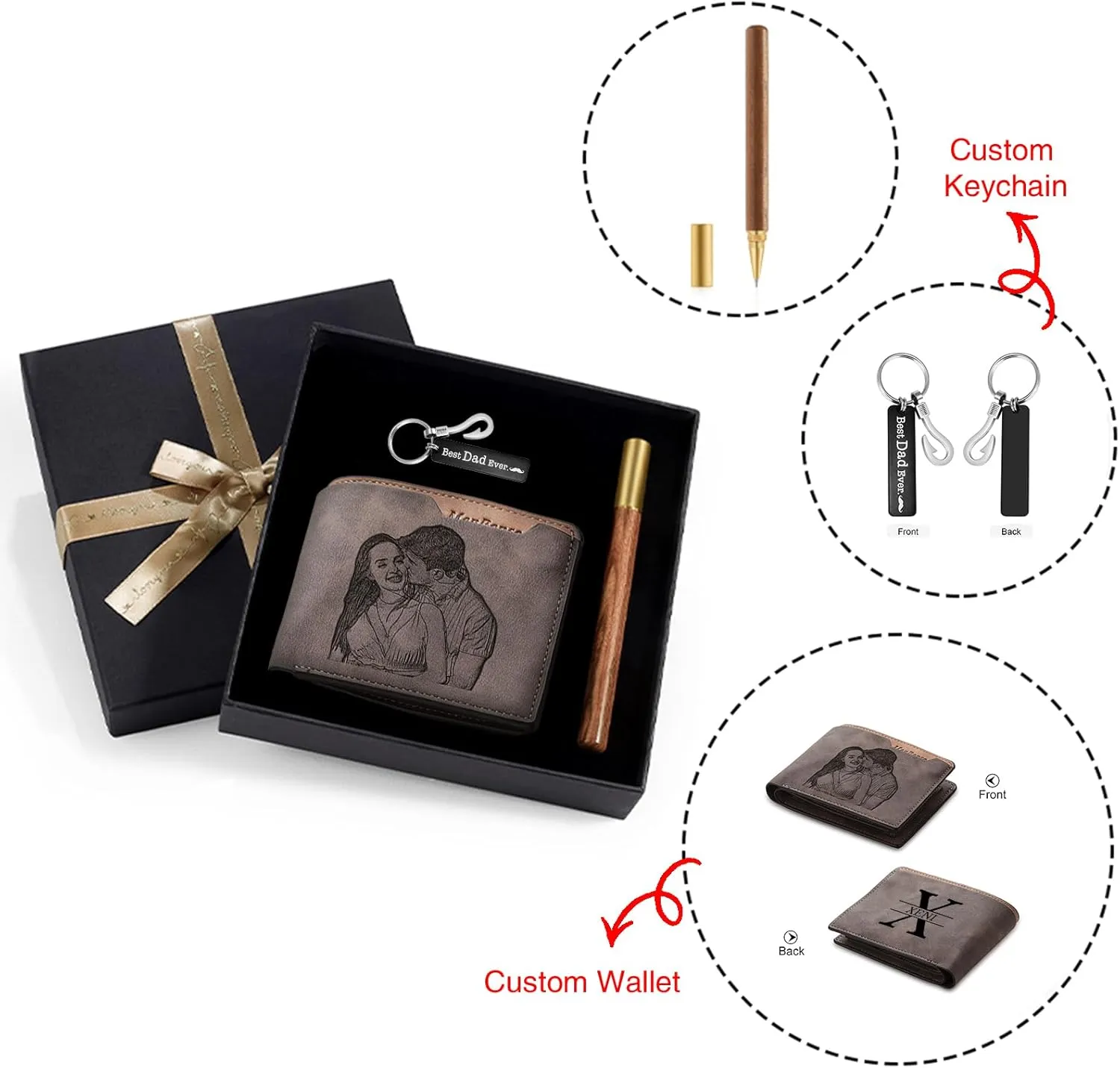 JewelOra Personalized Gifts for Men - Custom Photo Mens Wallet & Keychain Gifts Set for Father's Day - Customized Gift Box for Dad, Husband (Wallet Sets-3)