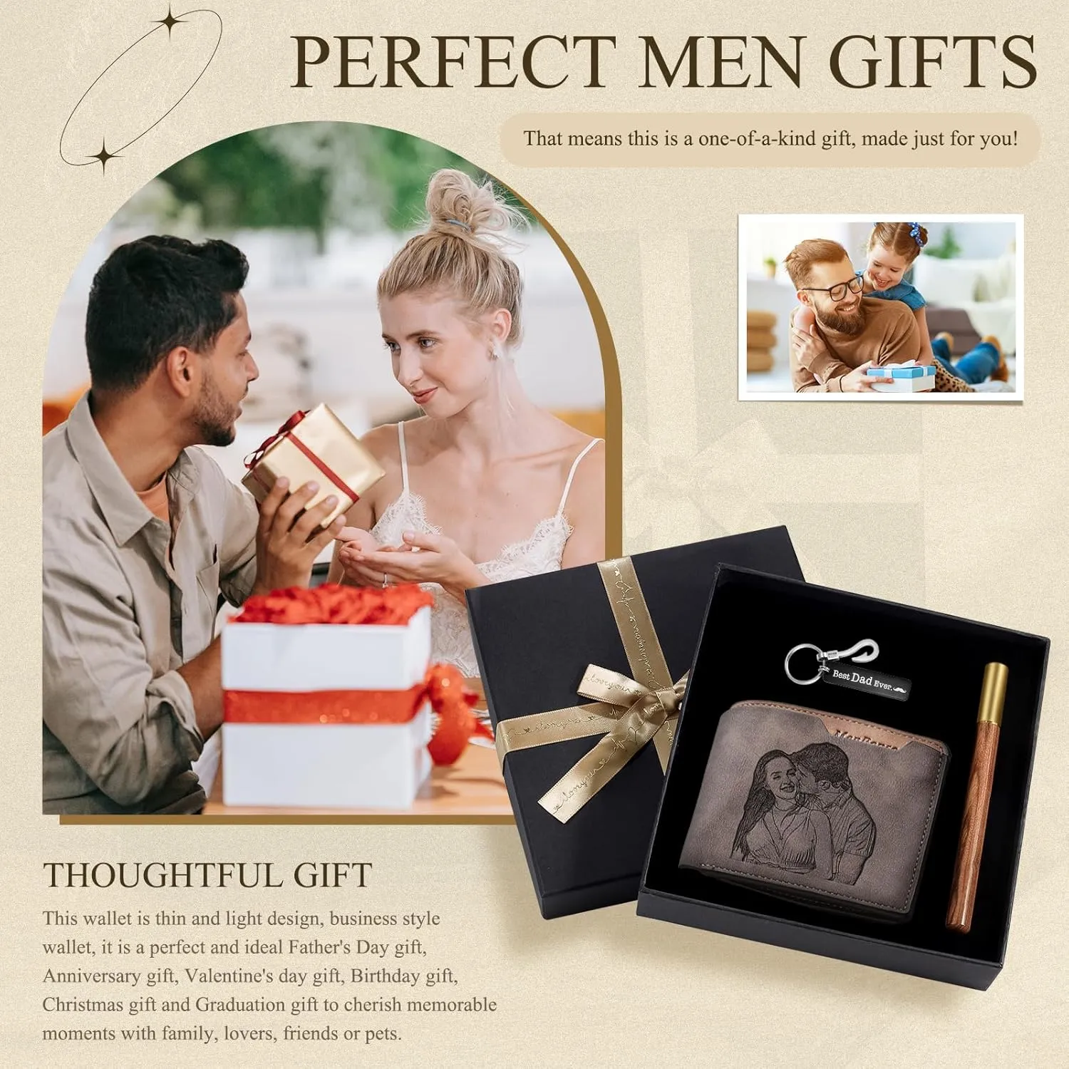JewelOra Personalized Gifts for Men - Custom Photo Mens Wallet & Keychain Gifts Set for Father's Day - Customized Gift Box for Dad, Husband (Wallet Sets-3)