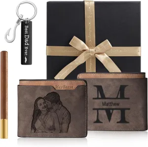 JewelOra Personalized Gifts for Men - Custom Photo Mens Wallet & Keychain Gifts Set for Father's Day - Customized Gift Box for Dad, Husband (Wallet Sets-3)