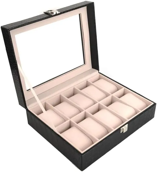 Jewelry Box 10-Digit Watch Box PU Leather Transparent Cover Storage Box Watch Box