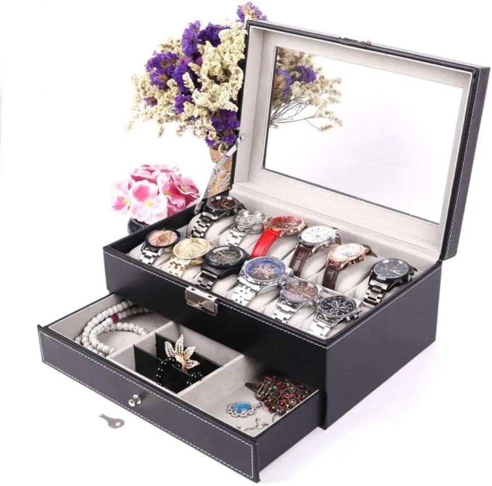 Jewelry Box Double Layer 12-position Watch Jewelry Box Transparent 12-position Watch Box Jewelry Box Jewelry Storage Box jewlery box(Black)