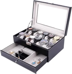 Jewelry Box Double Layer 12-position Watch Jewelry Box Transparent 12-position Watch Box Jewelry Box Jewelry Storage Box jewlery box(Black)