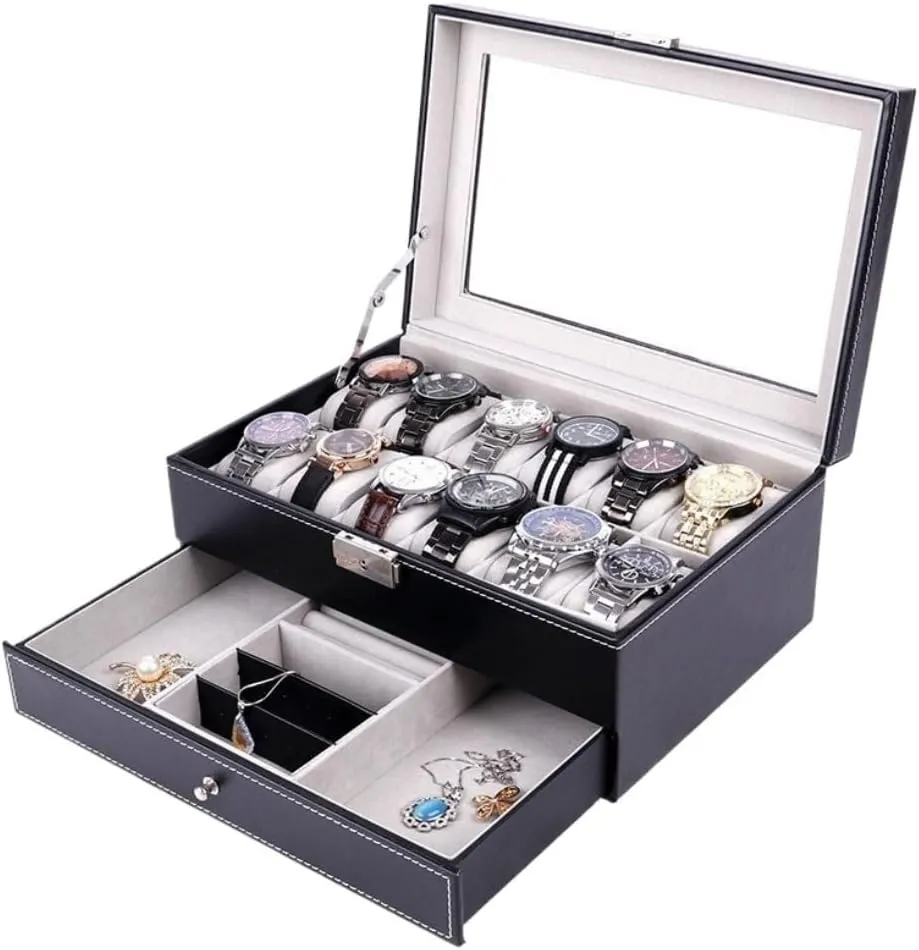 Jewelry Box Double Layer 12-position Watch Jewelry Box Transparent 12-position Watch Box Jewelry Box Jewelry Storage Box jewlery box(Black)