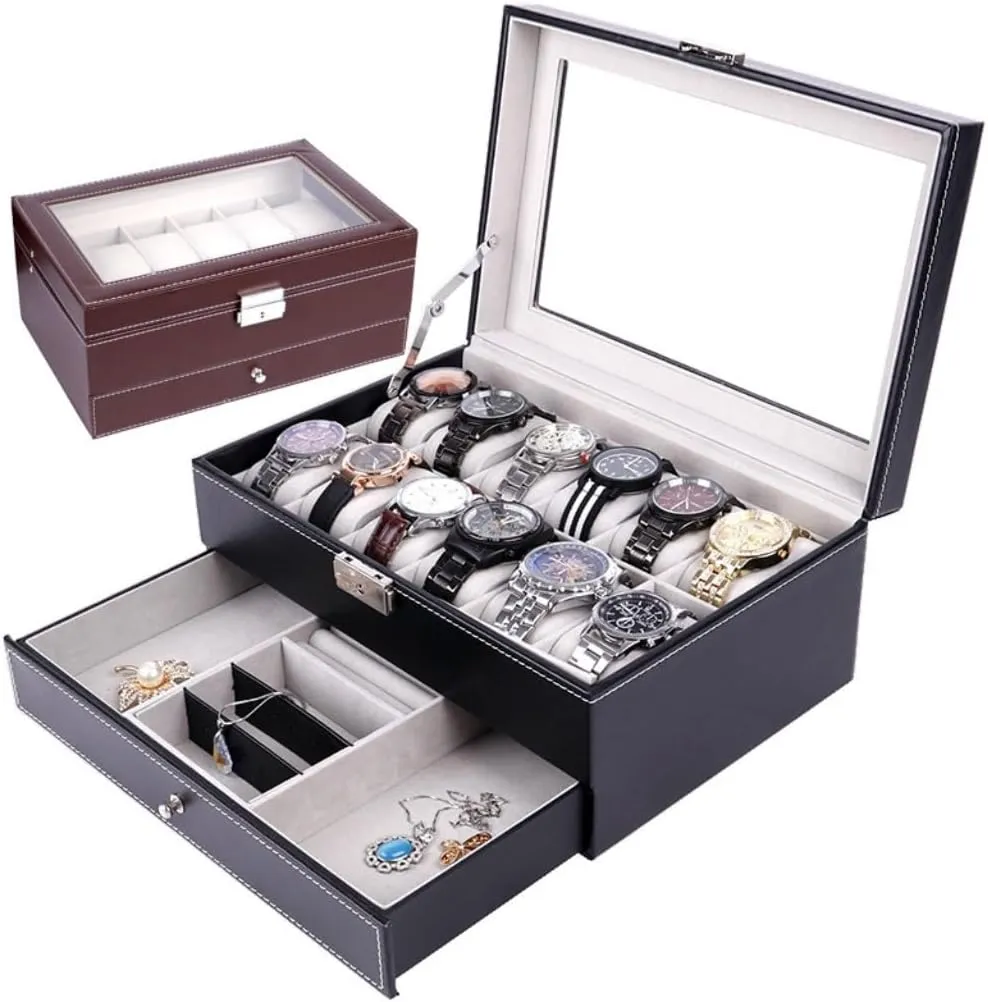 Jewelry Box Double Layer 12-position Watch Jewelry Box Transparent 12-position Watch Box Jewelry Box Jewelry Storage Box jewlery box(Black)