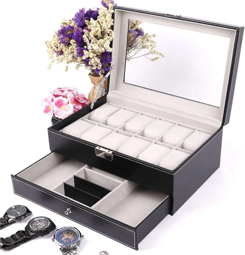 Jewelry Box Double Layer 12-position Watch Jewelry Box Transparent 12-position Watch Box Jewelry Box Jewelry Storage Box jewlery box(Black)
