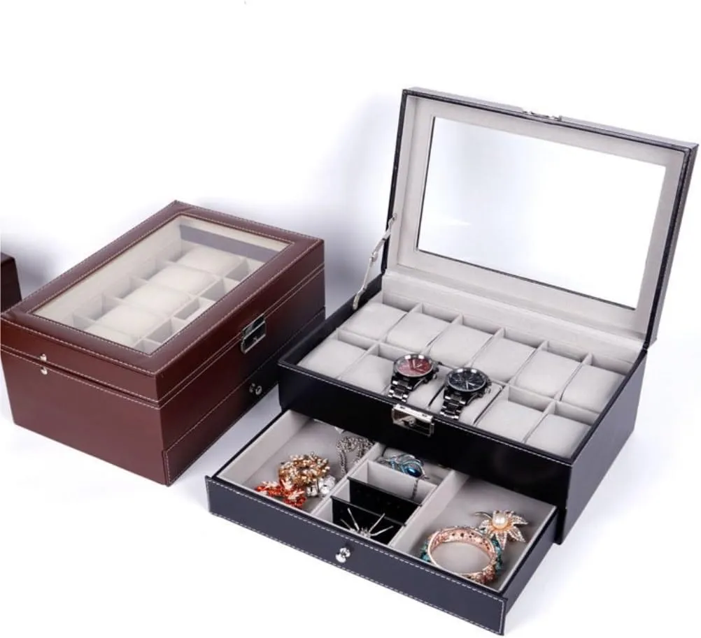 Jewelry Box Double Layer 12-position Watch Jewelry Box Transparent 12-position Watch Box Jewelry Box Jewelry Storage Box jewlery box(Black)