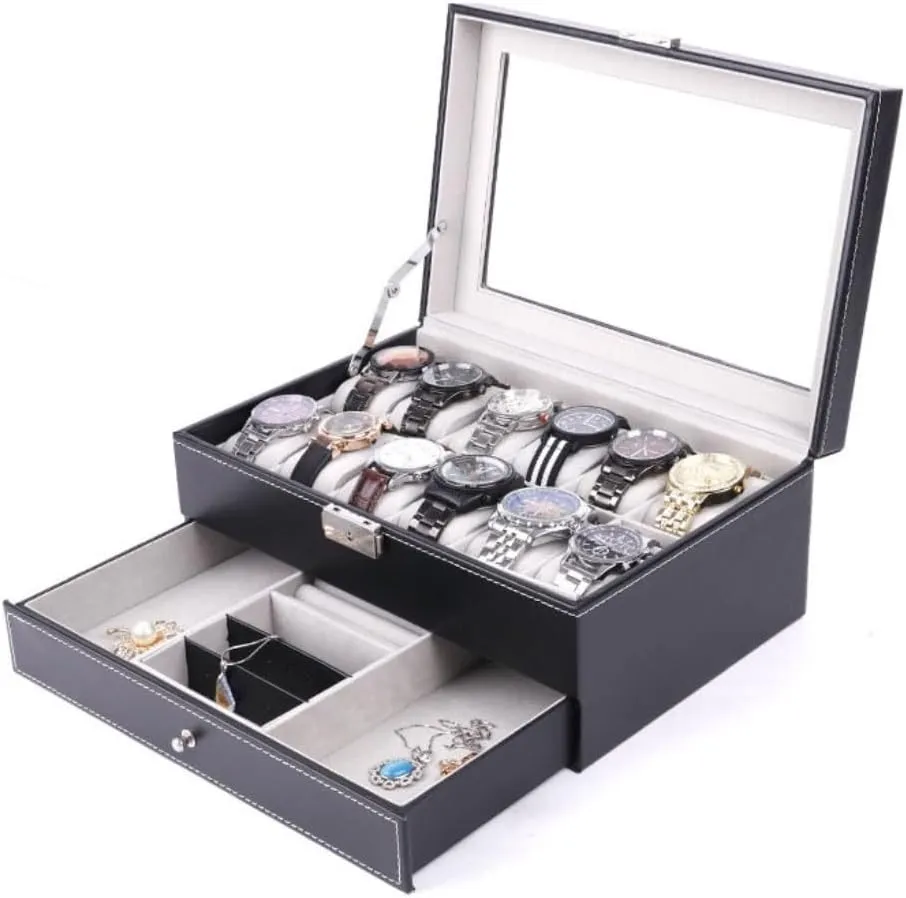 Jewelry Box Double Layer 12-position Watch Jewelry Box Transparent 12-position Watch Box Jewelry Box Jewelry Storage Box jewlery box(Black)