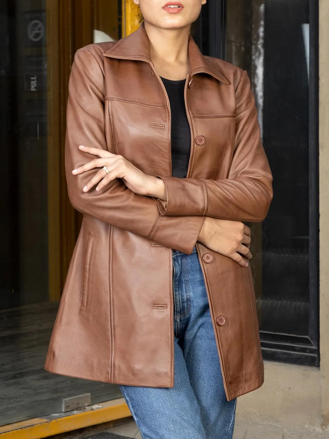 Jild Casual Car Coat Lambskin Leather Jacket Women – ¾ Length Blazer Overcoat Style Leather Long Coat Women