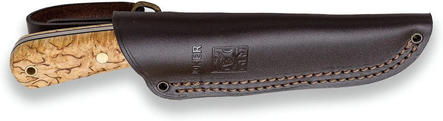 Joker Knife Mountaineer 135, 4.3 in. Blade Sandvik 14C28N, Curly Birch Handle, Brown Leather Sheath, Fishing, Hunting, Camping and Trekking Tool (Leather Sheath)