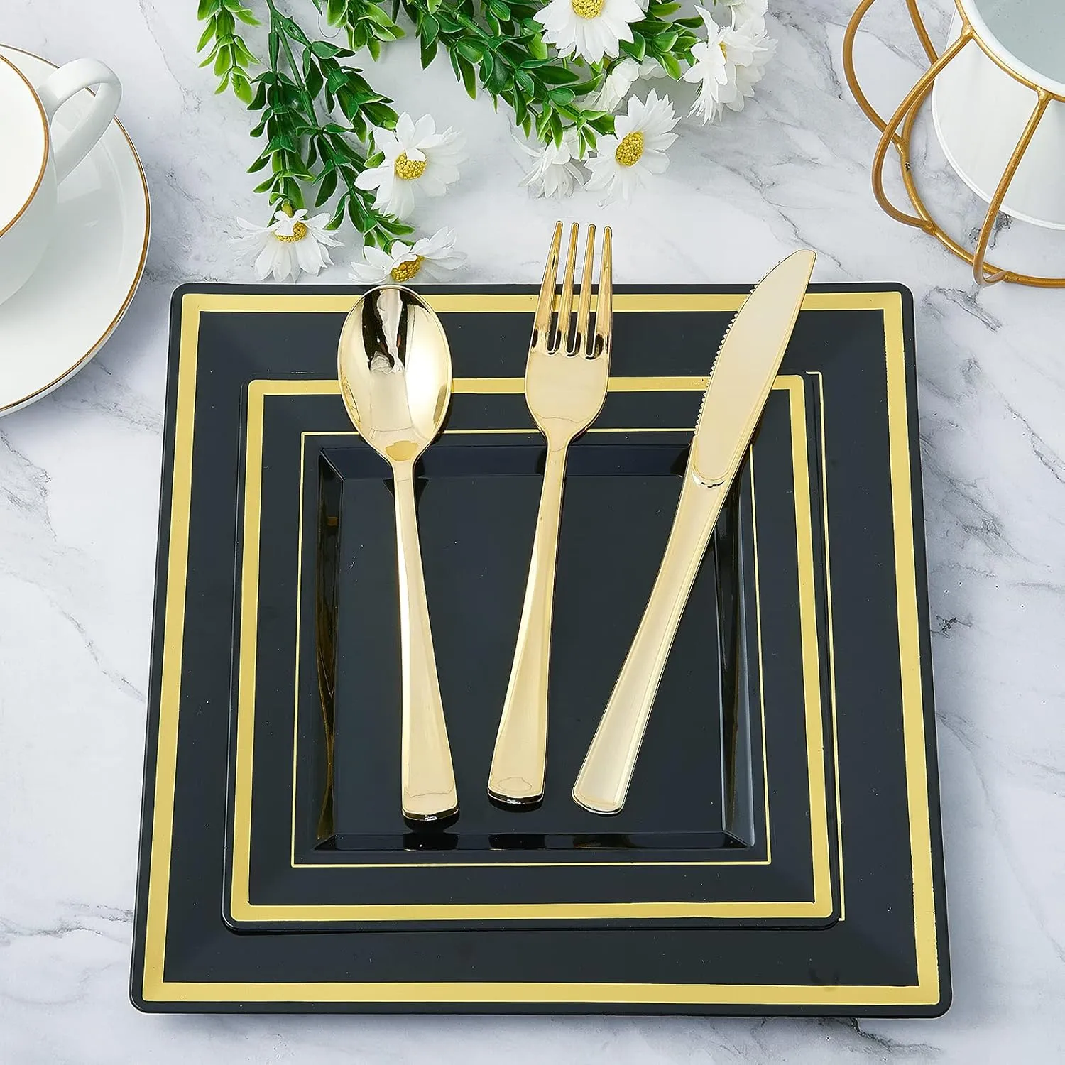 JOLLY CHEF 125 Count Square Black Gold Plastic Plates, Including 25 Disposable Dinner, 25 Dessert, 25 Knives, 25 Forks and 25 Spoons, Plastic Dinner Plates for Weddings and Parties