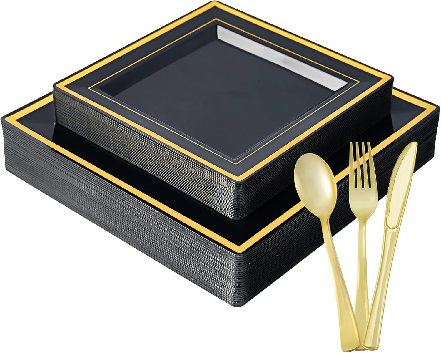 JOLLY CHEF 125 Count Square Black Gold Plastic Plates, Including 25 Disposable Dinner, 25 Dessert, 25 Knives, 25 Forks and 25 Spoons, Plastic Dinner Plates for Weddings and Parties