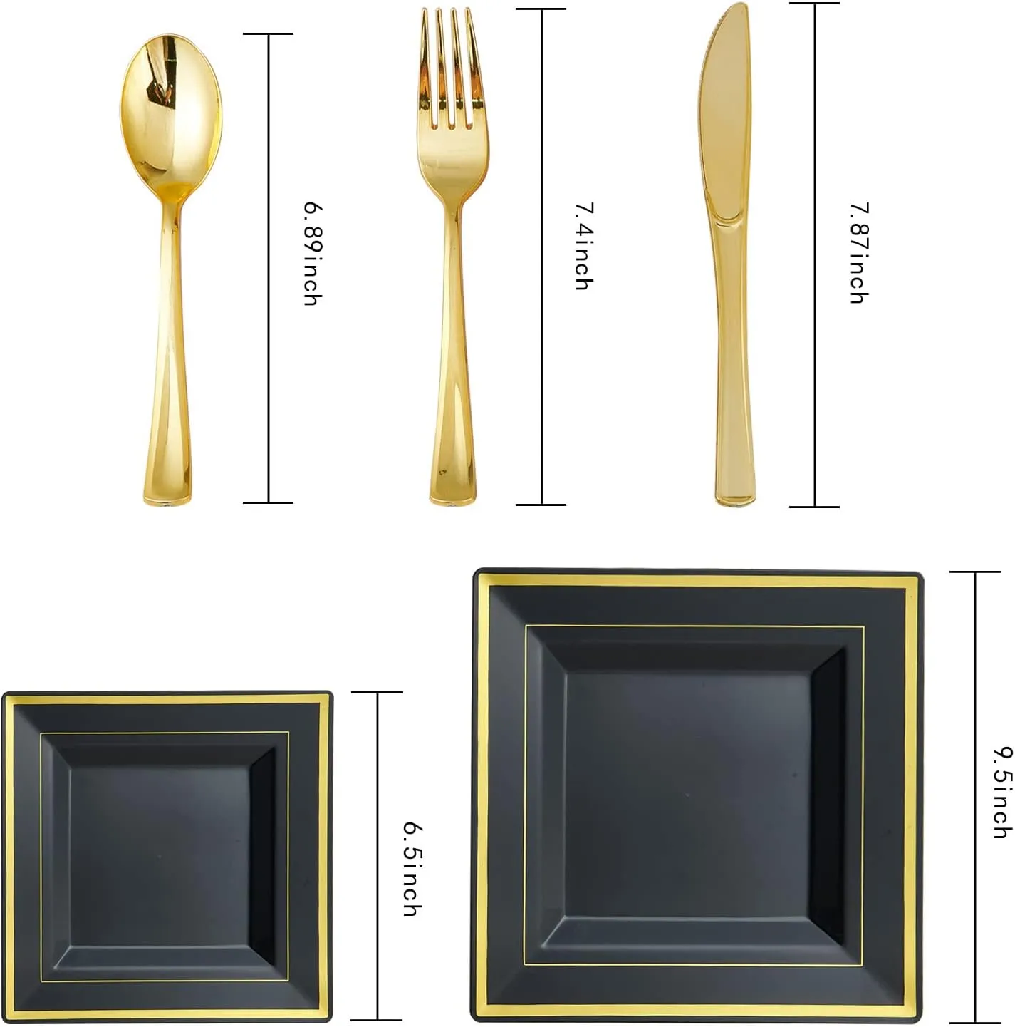 JOLLY CHEF 125 Count Square Black Gold Plastic Plates, Including 25 Disposable Dinner, 25 Dessert, 25 Knives, 25 Forks and 25 Spoons, Plastic Dinner Plates for Weddings and Parties