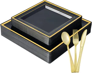 JOLLY CHEF 125 Count Square Black Gold Plastic Plates, Including 25 Disposable Dinner, 25 Dessert, 25 Knives, 25 Forks and 25 Spoons, Plastic Dinner Plates for Weddings and Parties