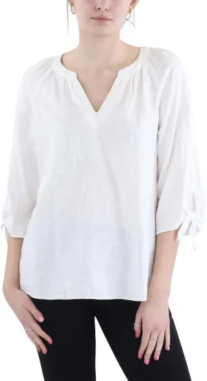 Jones New York Womens Petites Linen Blend Split Neck Pullover Top