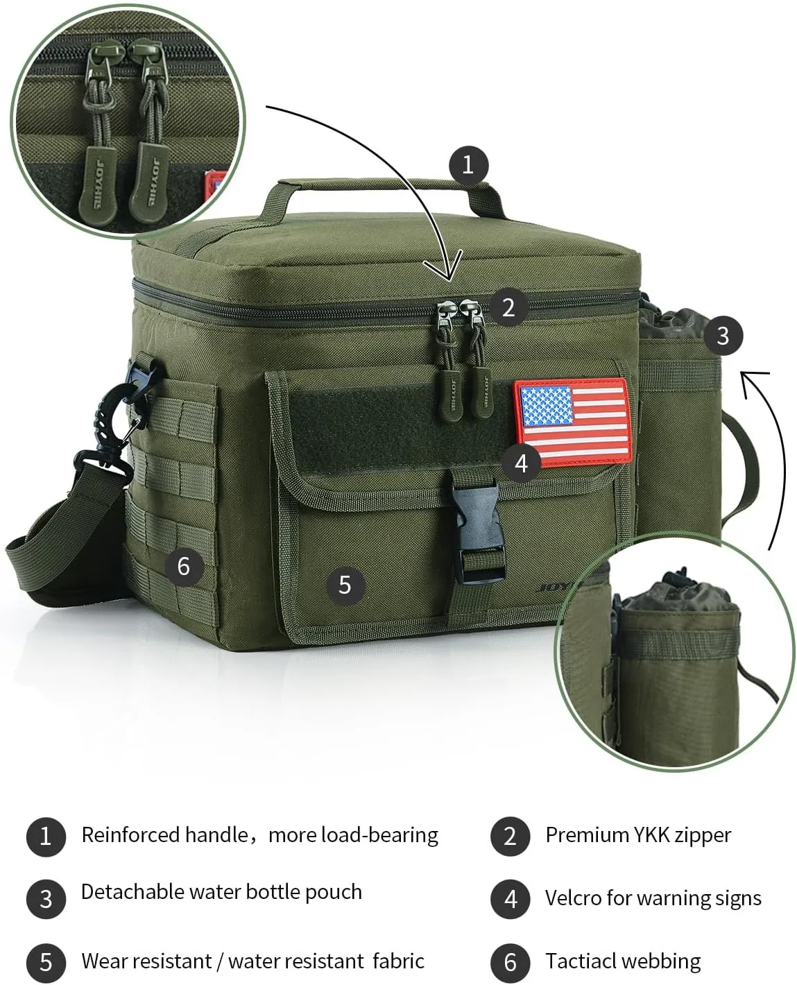 JOYHILL Tactical Lunch Box for Men, Insulated Lunch Bag with Detachable Bottle Pouch Holder, Large Durable Thermal Cooler Bag for Adult, Leakproof Bag for Work, Camping, Picnic, Sandy,13 L/18 Can