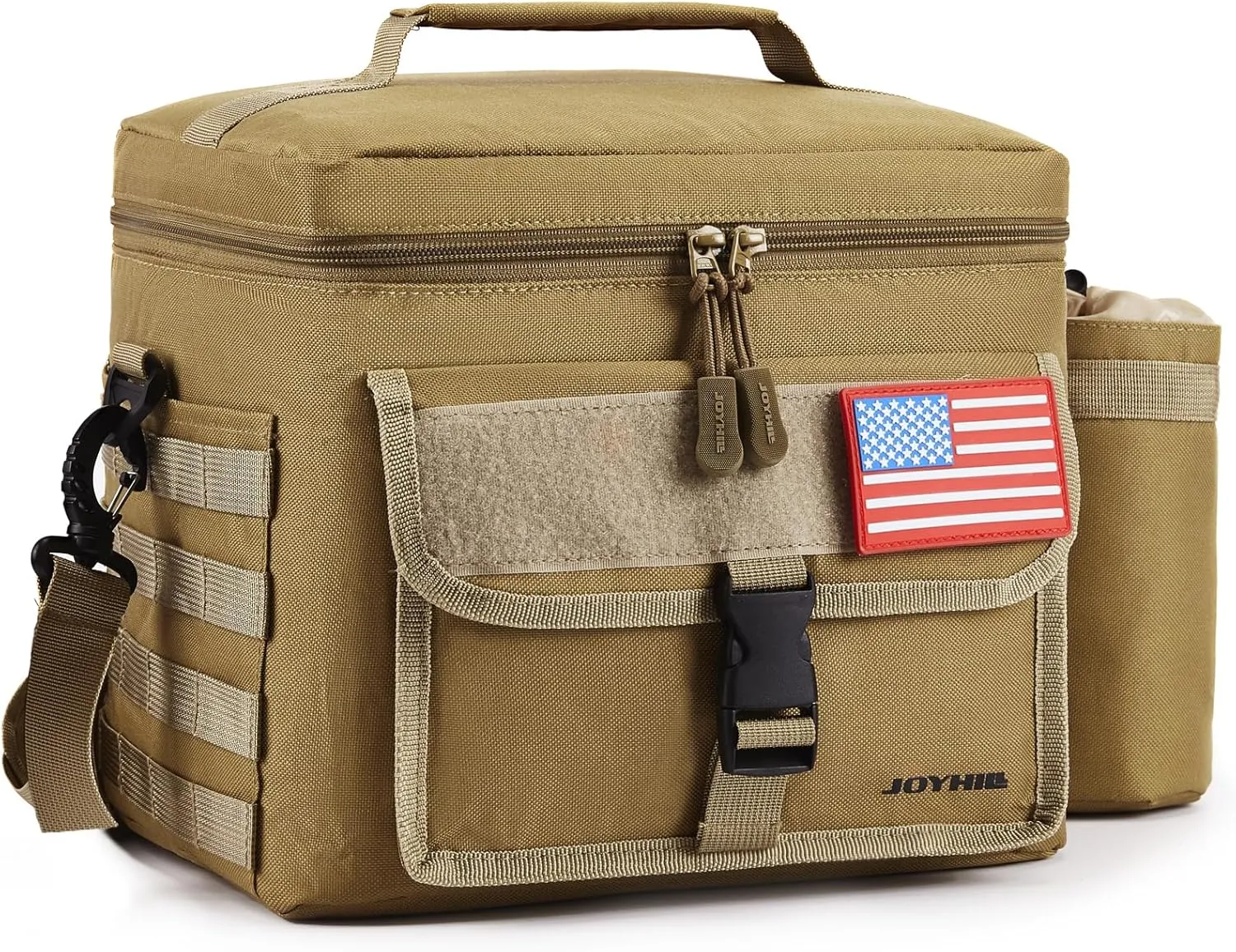 JOYHILL Tactical Lunch Box for Men, Insulated Lunch Bag with Detachable Bottle Pouch Holder, Large Durable Thermal Cooler Bag for Adult, Leakproof Bag for Work, Camping, Picnic, Sandy,13 L/18 Can